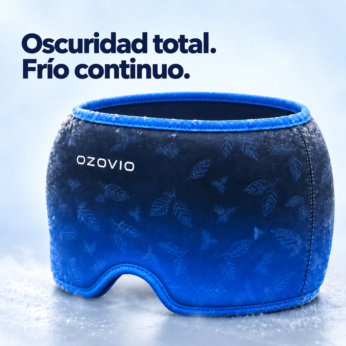 Masque anti-migraine OZOVIO bleu couvert de givre, prêt à l'emploi à la sortie du congélateur