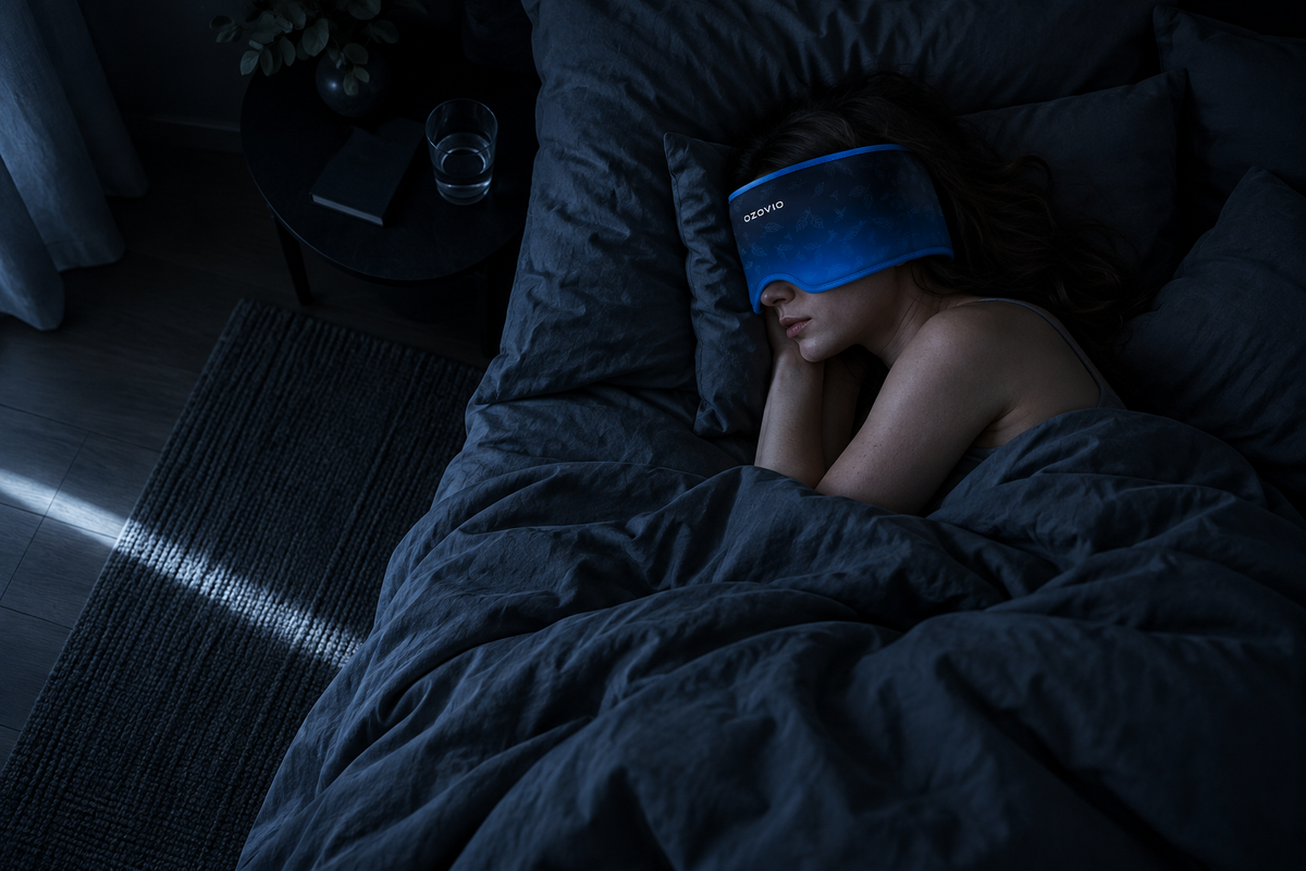 Vue en plongée d'une chambre dans le noir : femme endormie avec le masque OZOVIO, la lumière extérieure s'arrête au sol