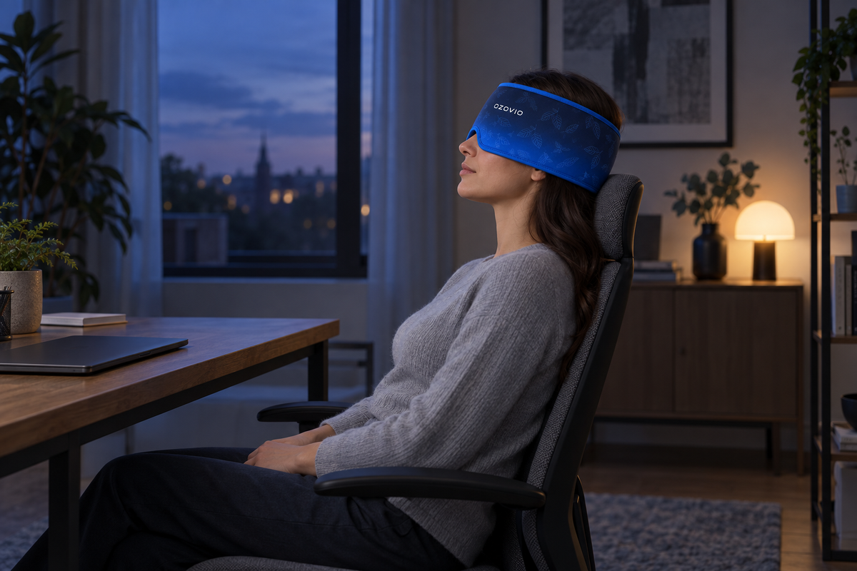 Femme assise de profil à son bureau en fin de journée, masque OZOVIO sur les yeux et ordinateur fermé
